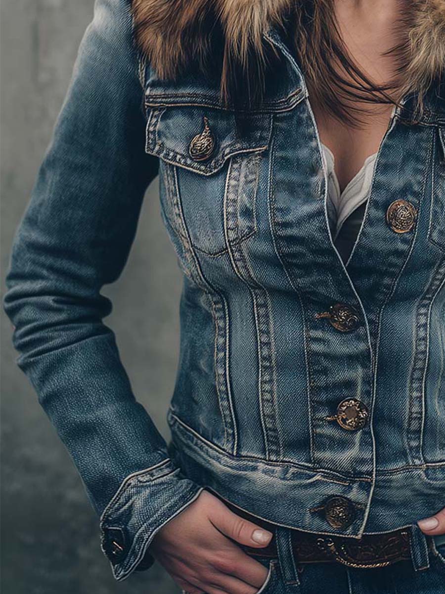 Vintage Denim Fitted Jacket With Detachable Faux Fur Collar