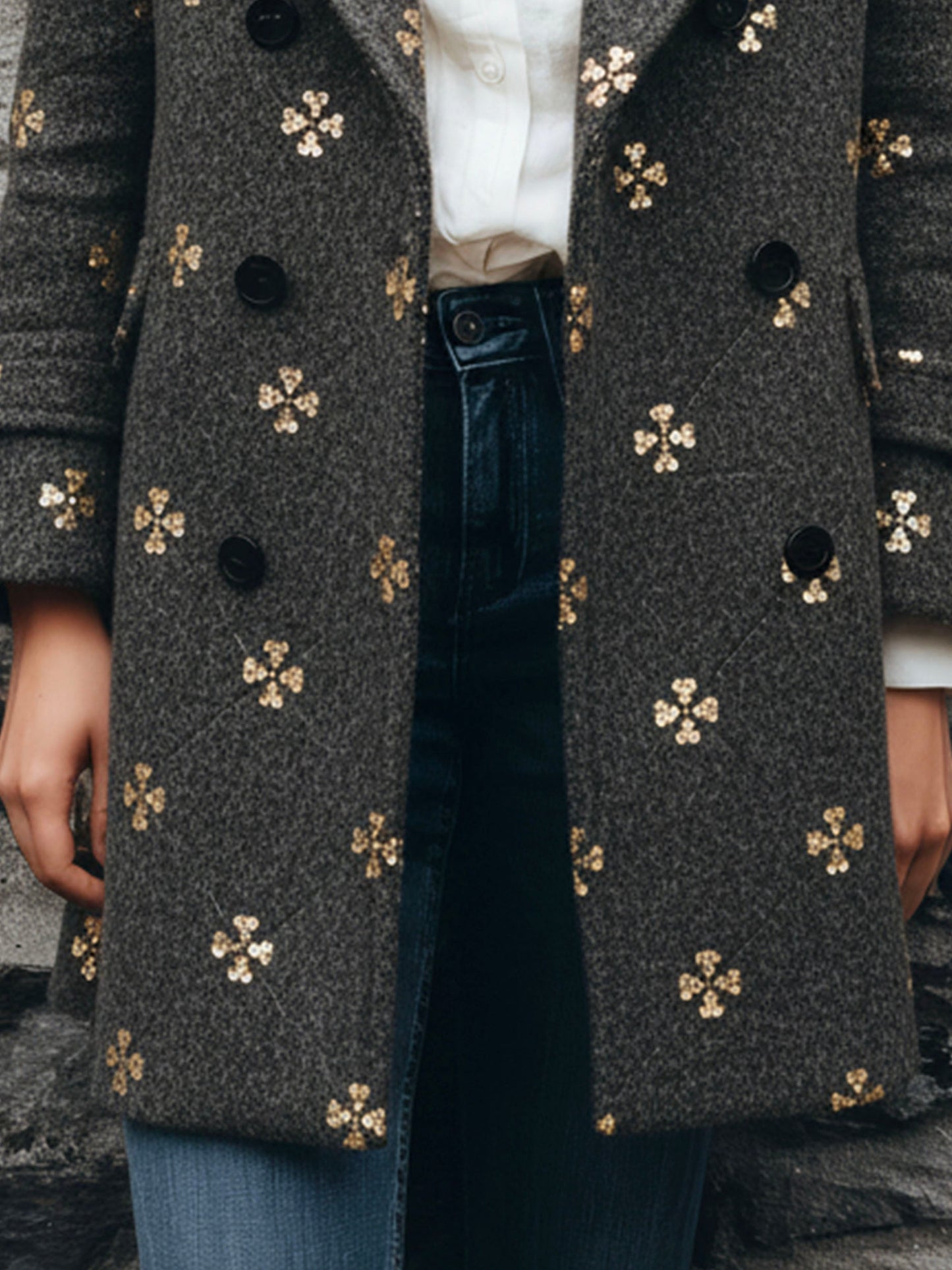 Elegant Double-Breasted Charcoal Wool Blend Embellished Coat With Gold Sequin