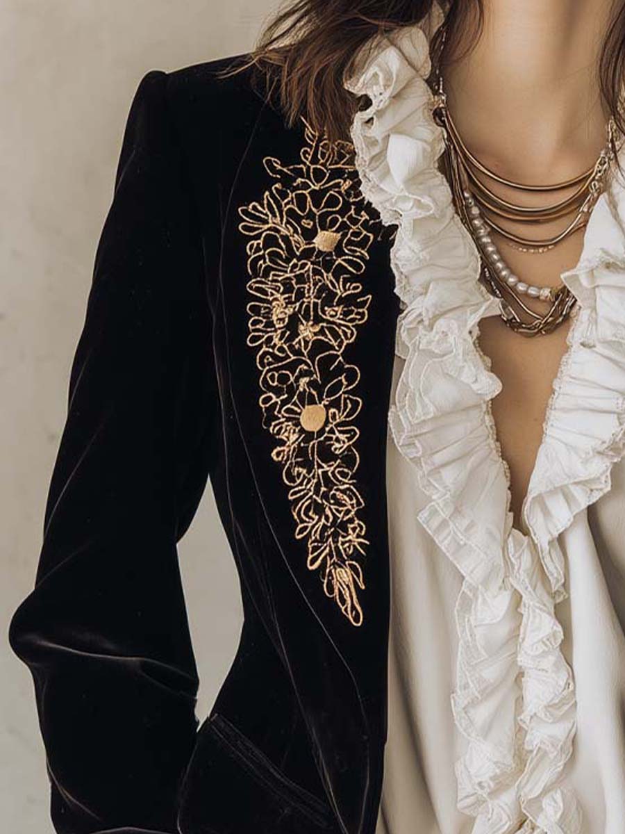 Embroidered Velvet Blazer With Gold Floral Detailing – Midnight Black