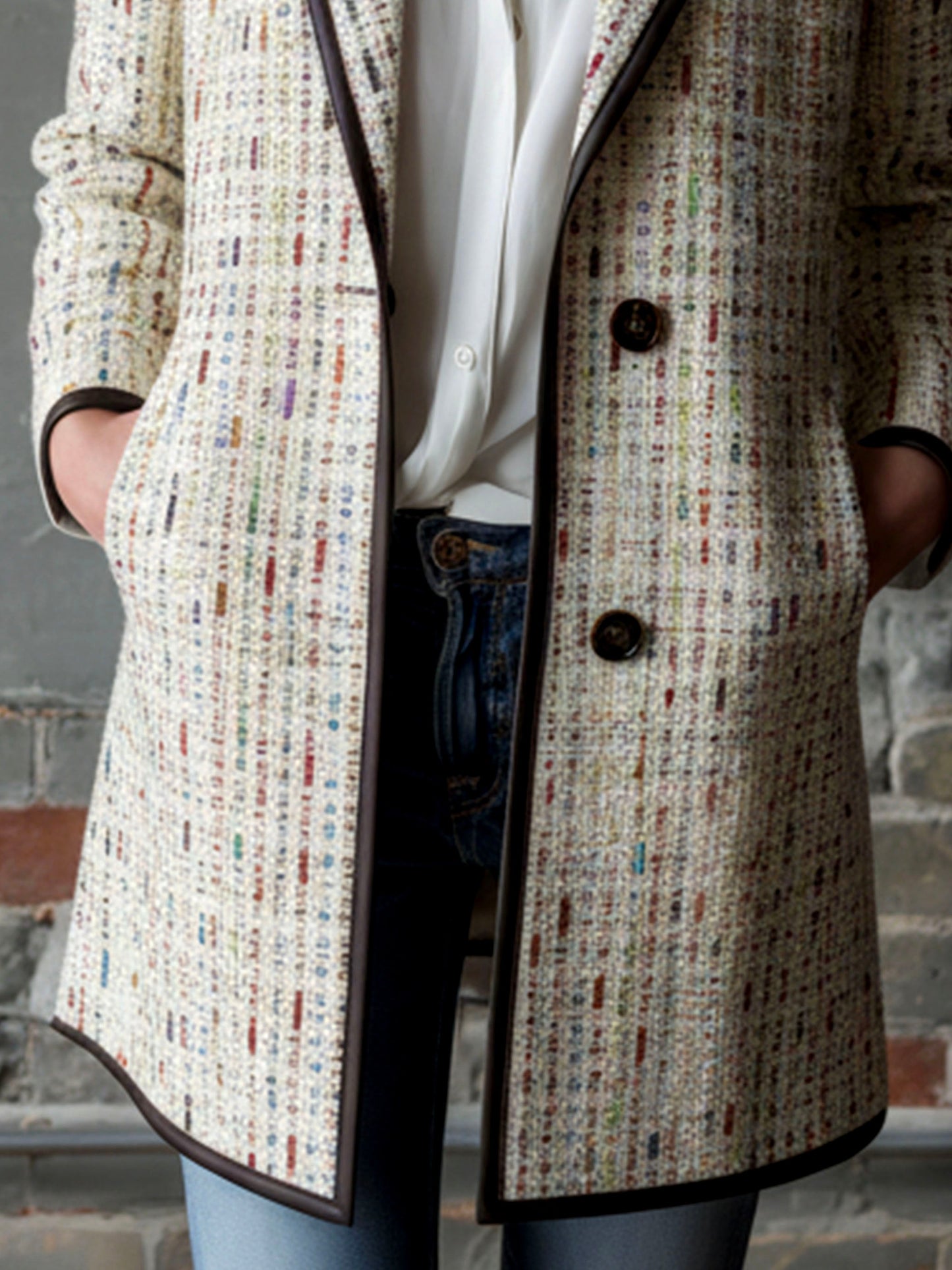Elegant Cream Multicolor Tweed Structured Long Blazer With Contrast Trim