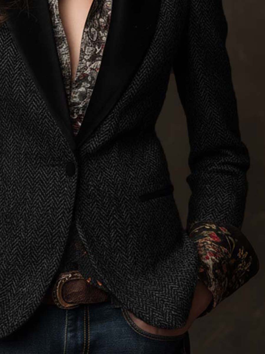 Chenille Herringbone Blazer With Velvet Lapels And Floral Contrast Cuffs