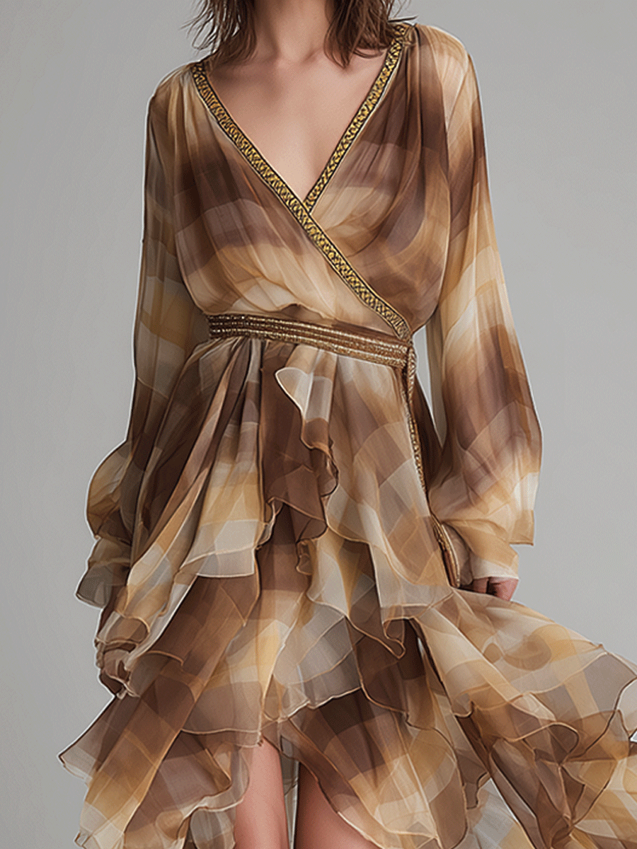 Casual V-Neck Multi-Layered Earth-Tone Check Ruffled Chiffon Midi Dress