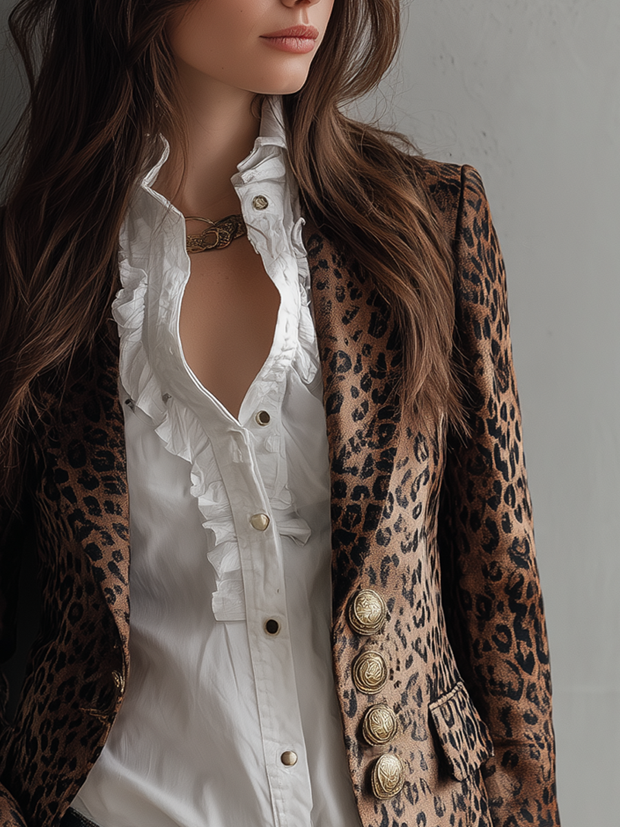 Vintage Button Leopard Print Long-sleeved Blazer