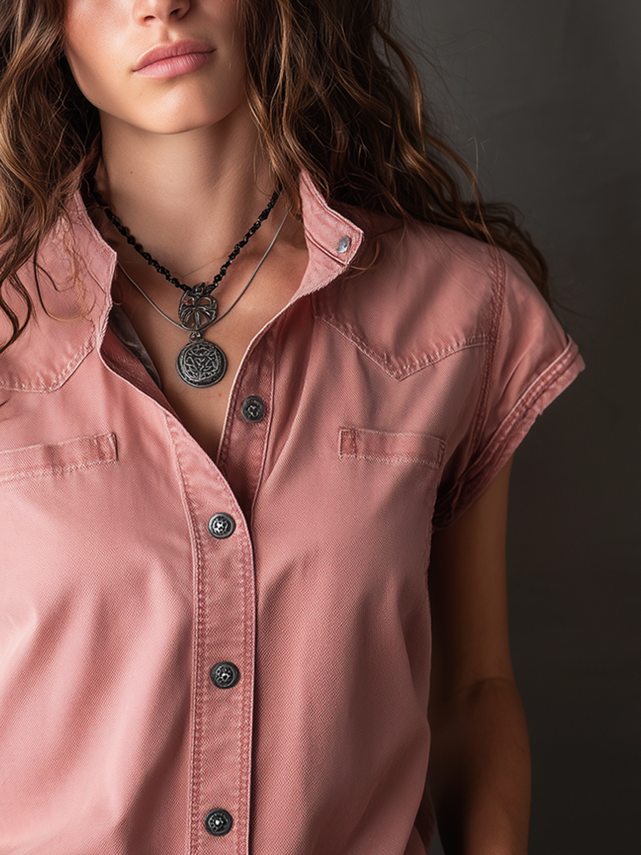 Vintage Crew Neck Short Sleeve Denim Blouse