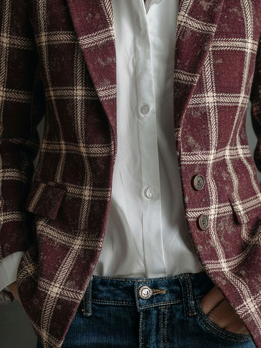 Vintage Classic Lapel Plaid Pattern Microsuede Tailored Blazer