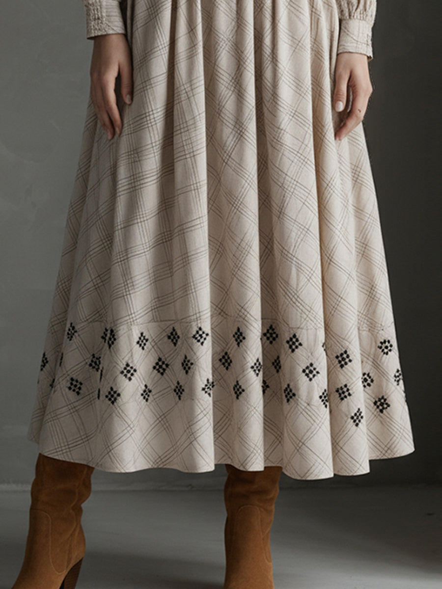 Bohemian Classic Sand Plaid Embroidered Cotton-blend Midi Dress