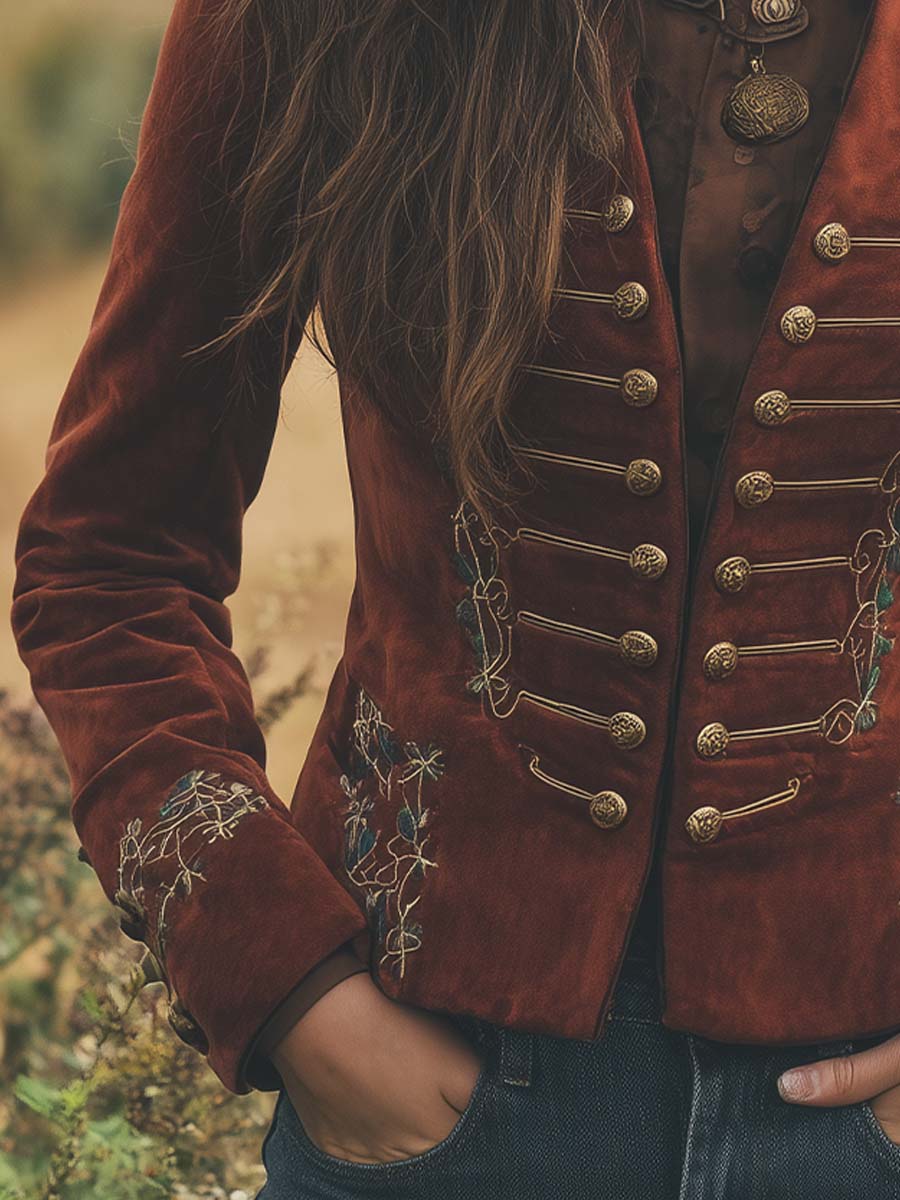 Burnt Red Baroque Embroidered Microsuede Officer Jacket