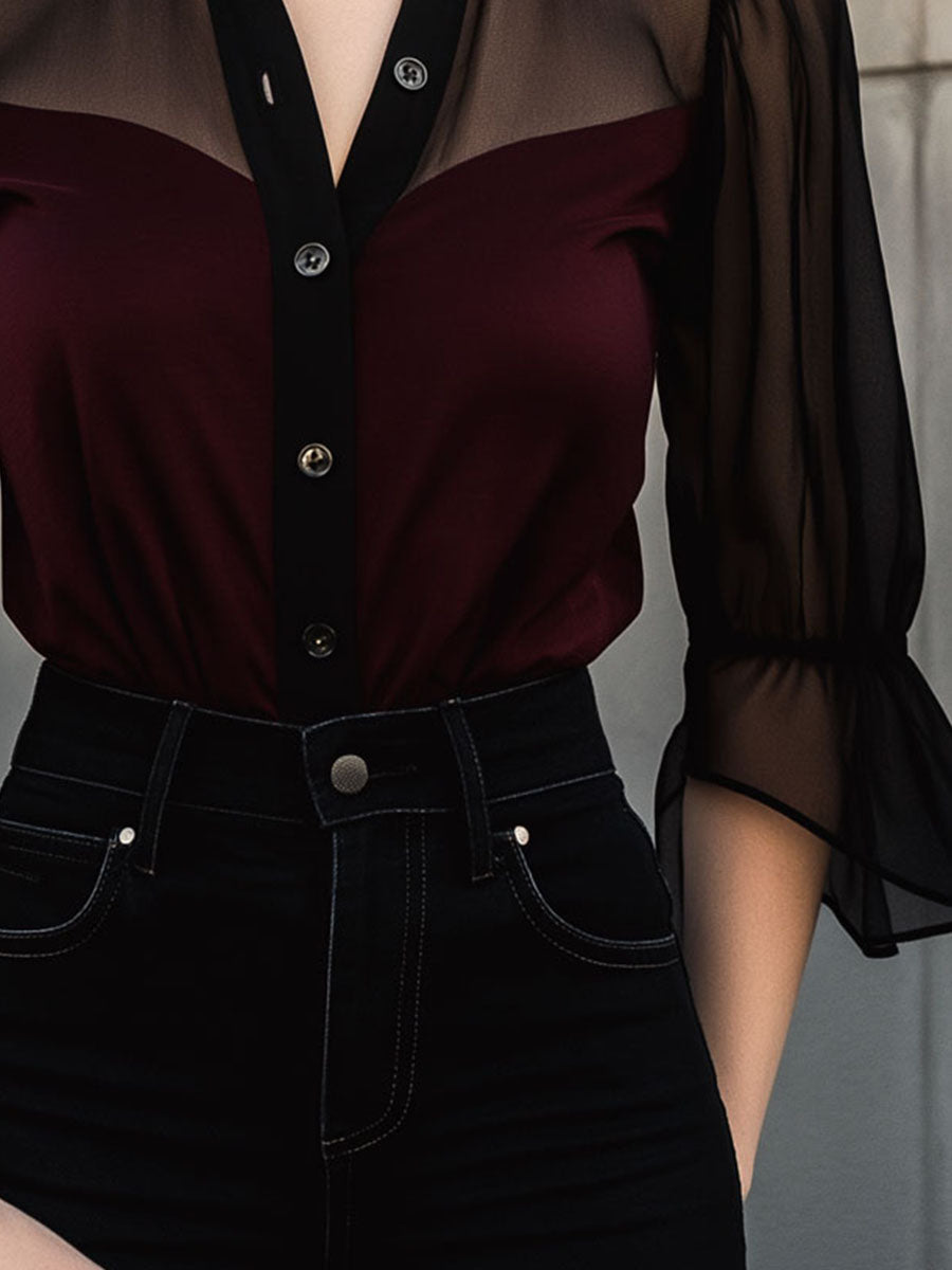 Retro Sheer Sleeves Burgundy Chiffon Contrast Blouse