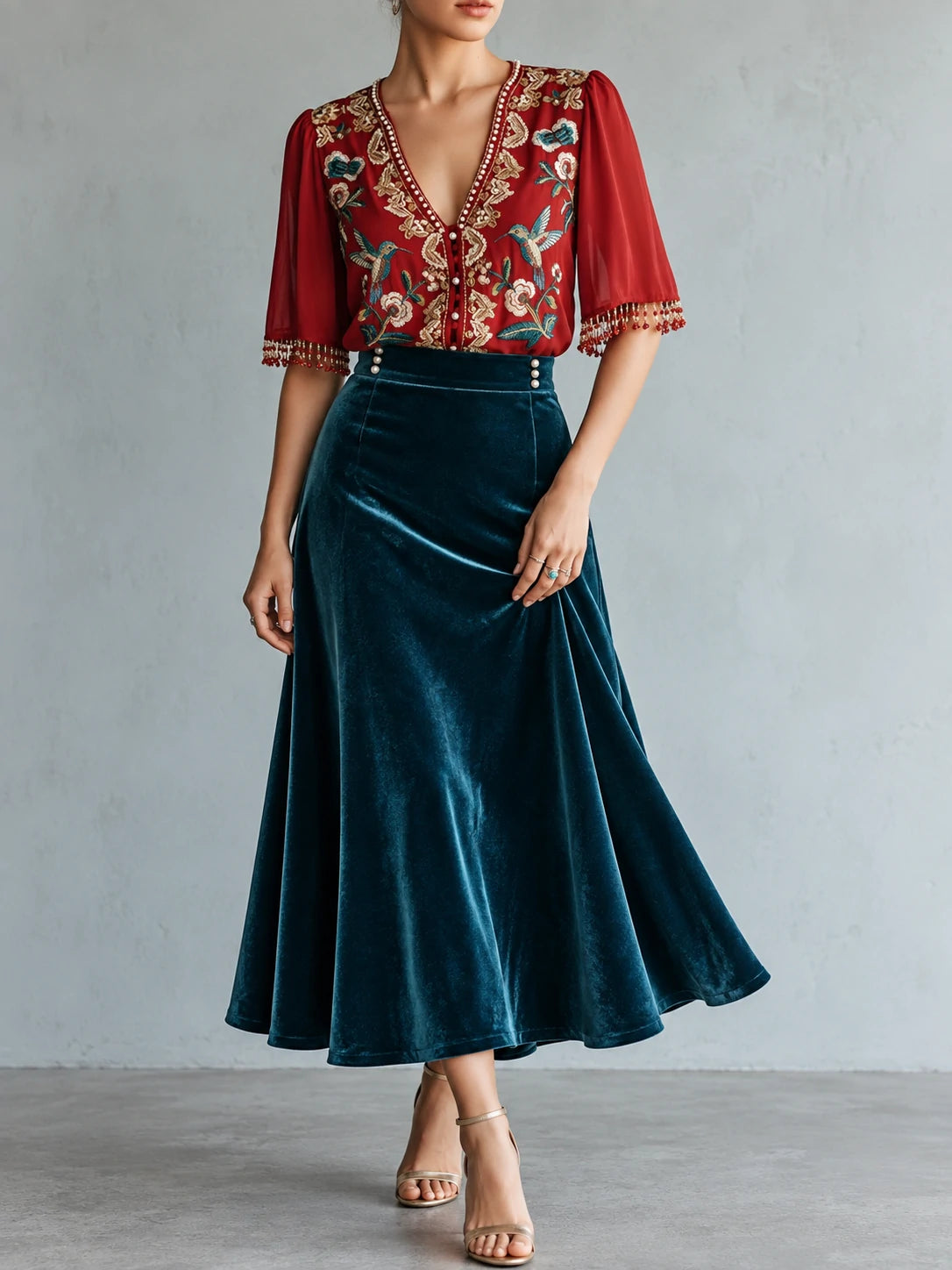 Button-Detail Velvet-Look Midi Skirt