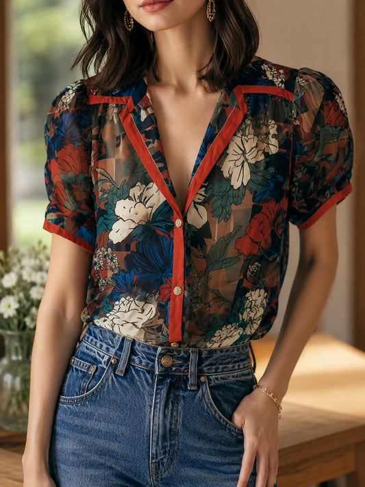 Vintage Sheer Floral Print Blouse With Contrast Trim