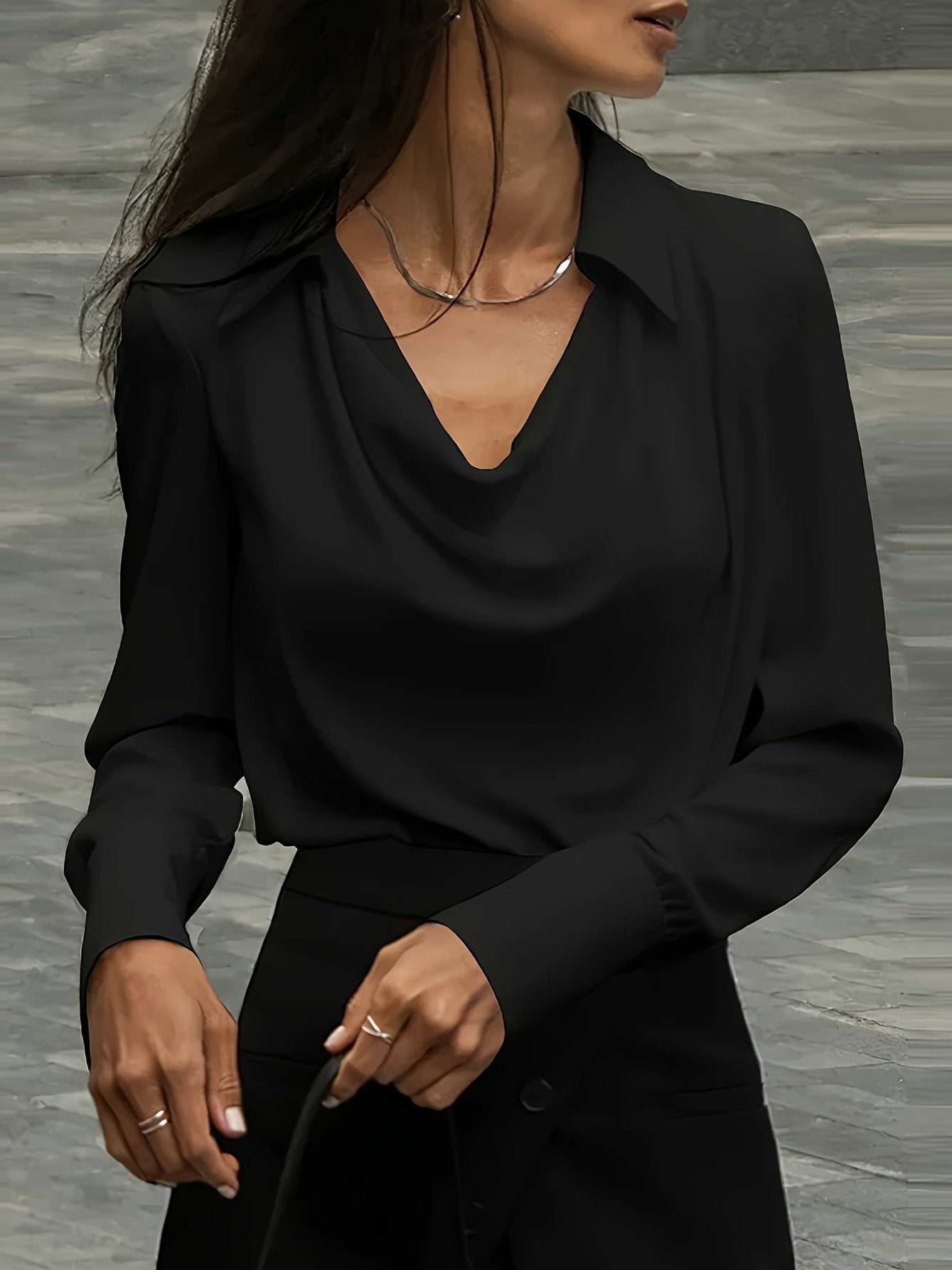 Stylish Slouchy Collar Long Sleeve Solid Color Satin Shirt