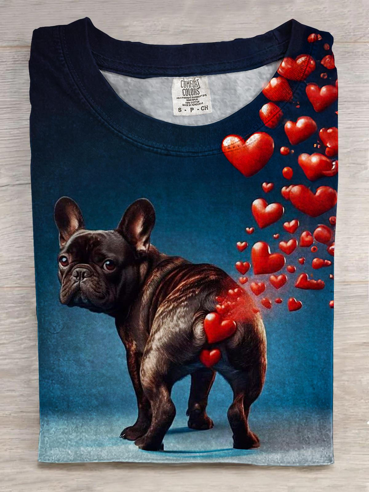 Fun Valentine's Day Heart Farting Puppy Print Crew Neck T-shirt