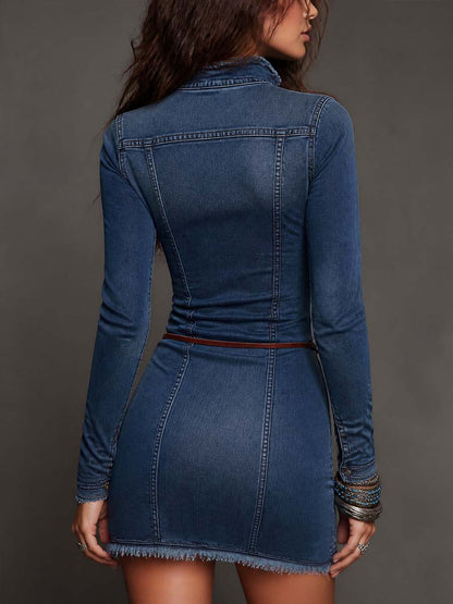Vintage Zip-up Collar Frayed Trim Denim Mini Dress