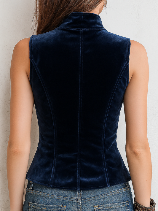 Vintage Stand Collar Button Velvet Vest