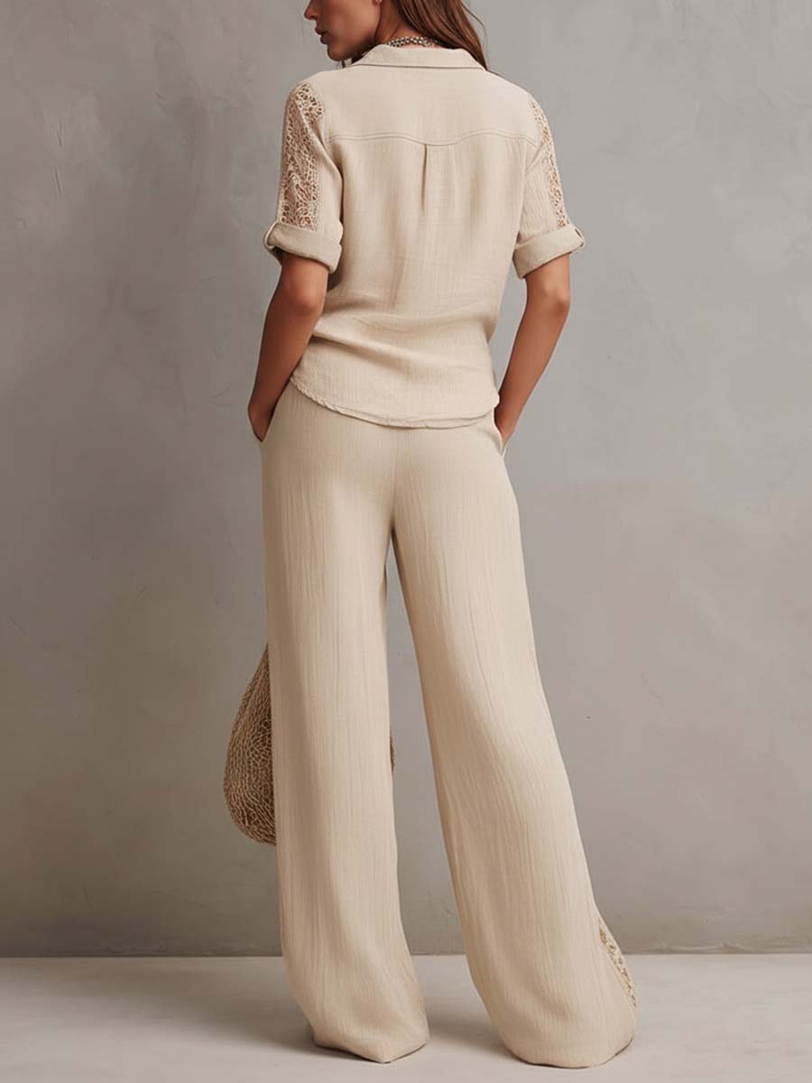 Retro Lace Trim Cotton-Linen Two-Piece Set