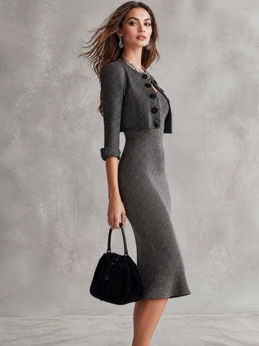 Women's Two Piece Set Sparkle Knit Bodycon Midi Dress With Cropped Jacket