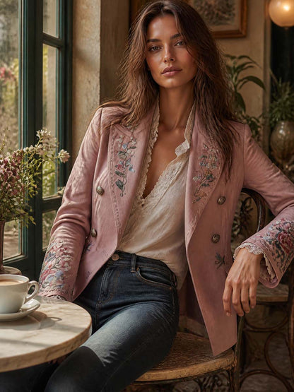 Vintage Cotton-linen Floral Embroidered Blazer