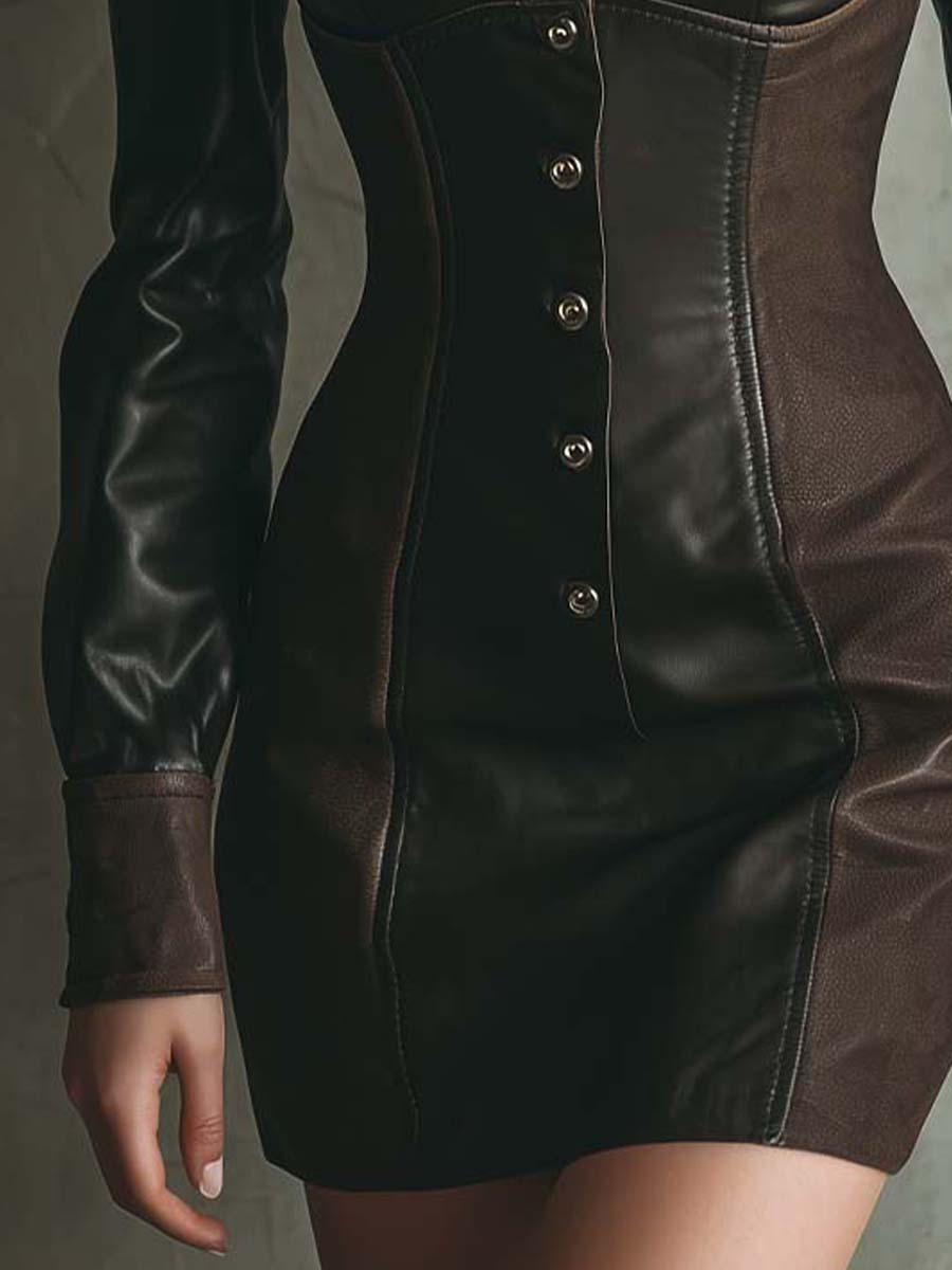 Contrast Panel Eco-Leather Bodycon Dress – Espresso Brown