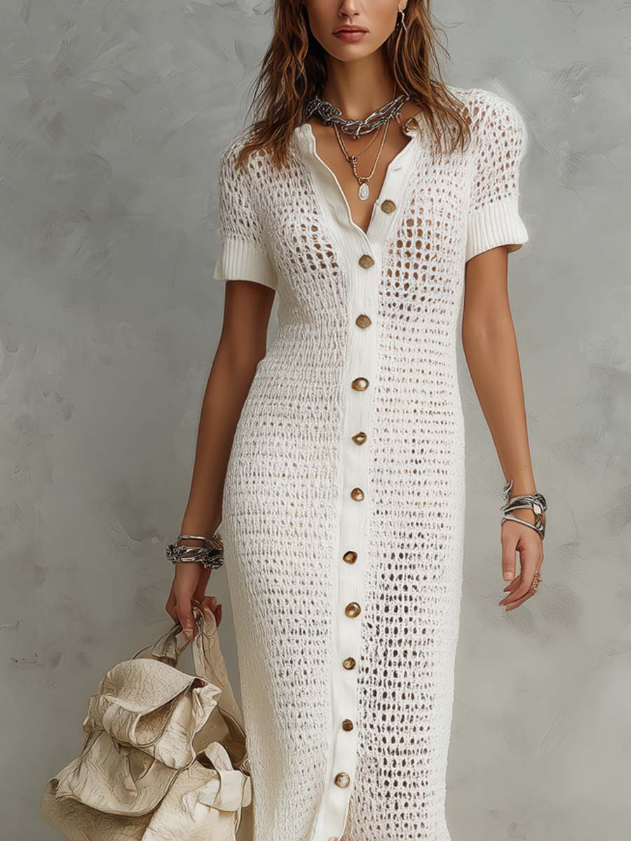 Retro Short-sleeved Knitted Shirt Midi Dress