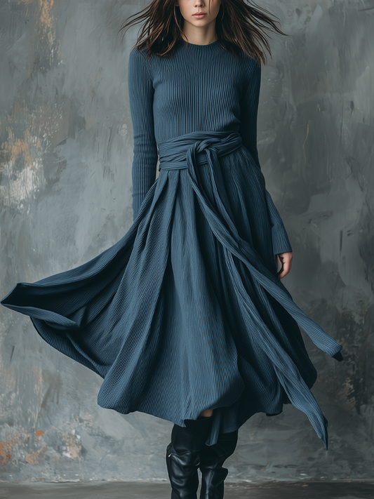 Retro Thread Round Neck Lace-up Midi Dress