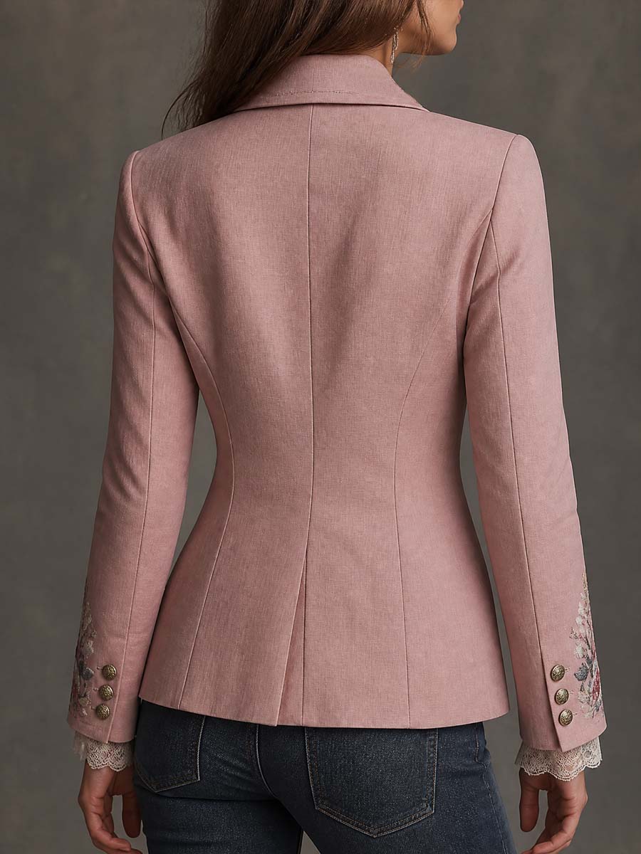 Vintage Cotton-linen Floral Embroidered Blazer