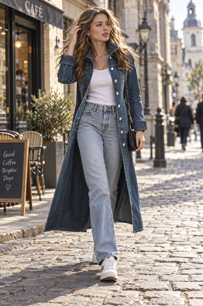 Boho Long Washed Denim Trench Coat With Structured Collar