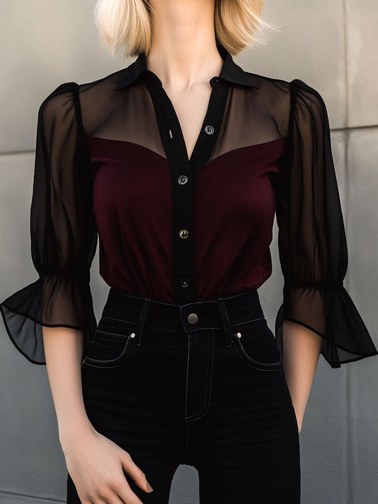 Retro Sheer Sleeves Burgundy Chiffon Contrast Blouse