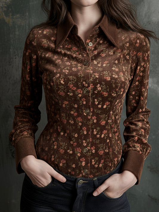 Vintage Brown Floral Pattern Corduroy Button-Up Shirt