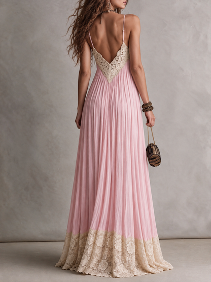 Pink Lace Trim Pleated Maxi Dress