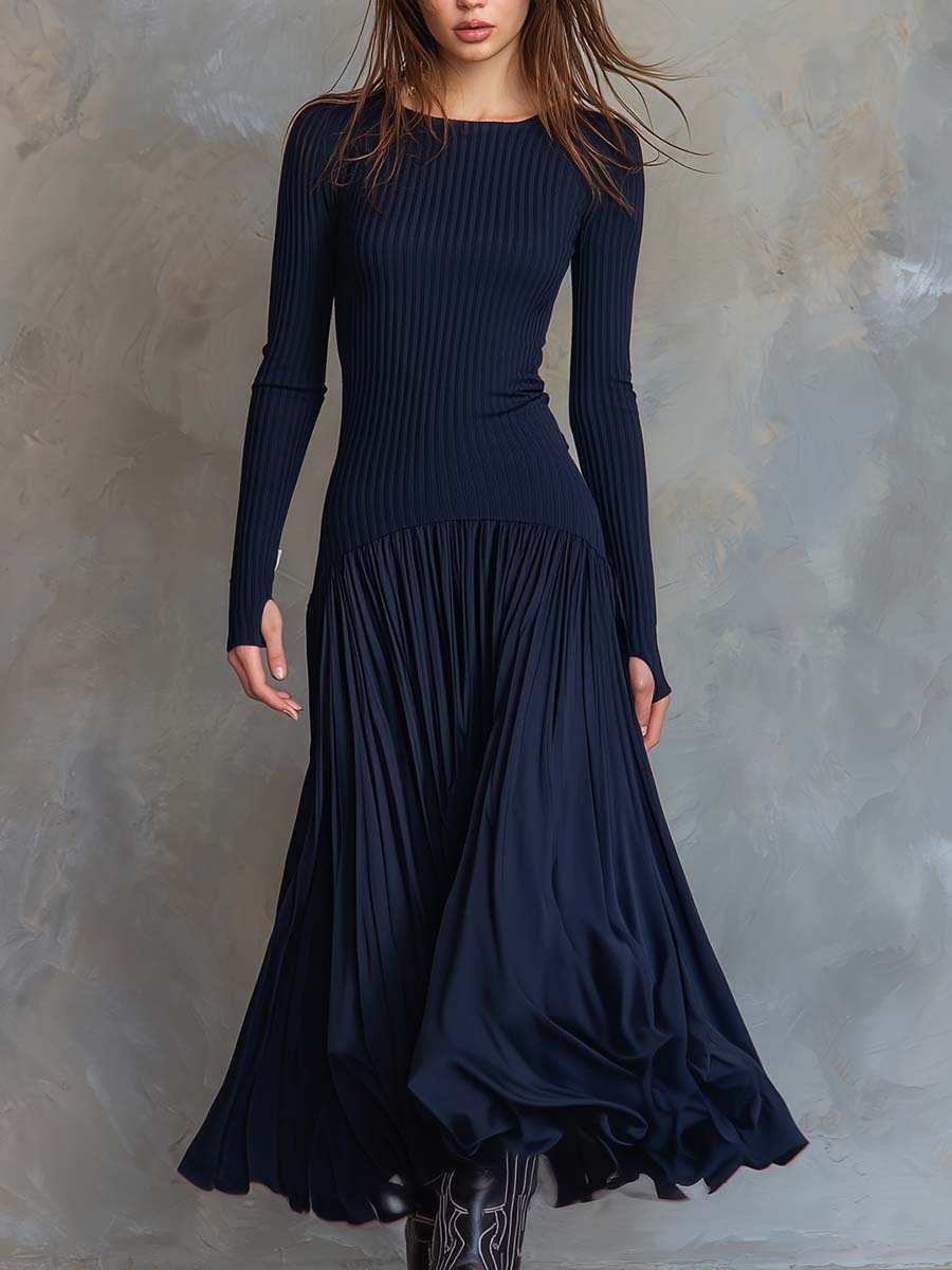 Ribbed Knit And Pleated Chiffon Midi Dress