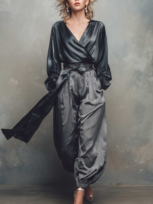 Retro Crossover Neck Blouse And Wide Leg Pants Set
