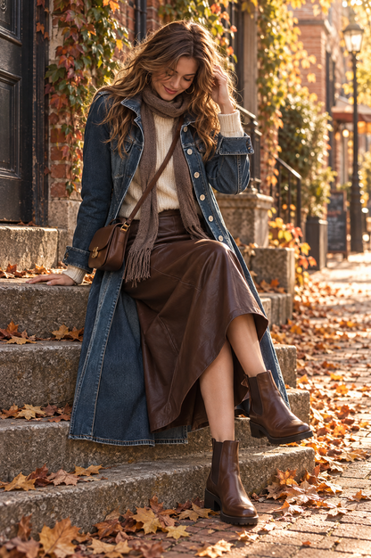 Boho Long Washed Denim Trench Coat With Structured Collar