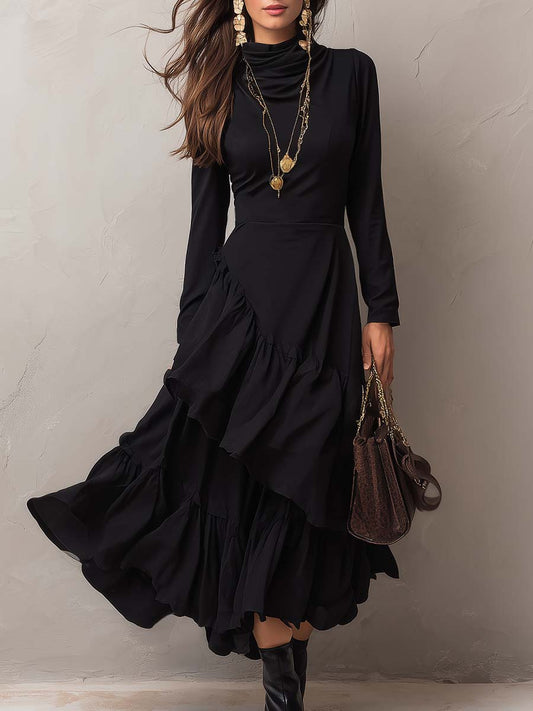 Retro-style Draped Neckline And Irregular Hem Midi Dress