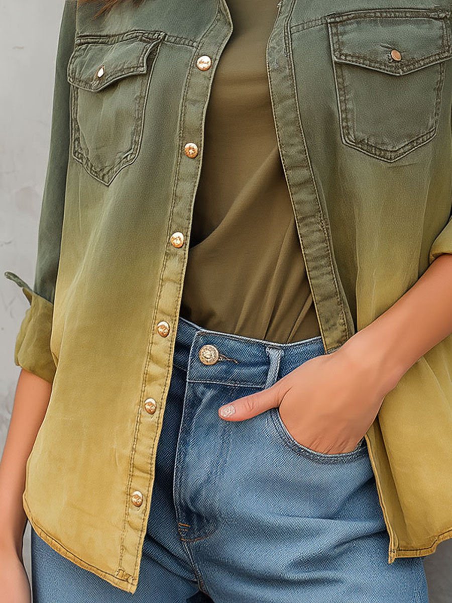 Casual Button-Up Ombre Green-Yellow Gradient Shirt Jacket