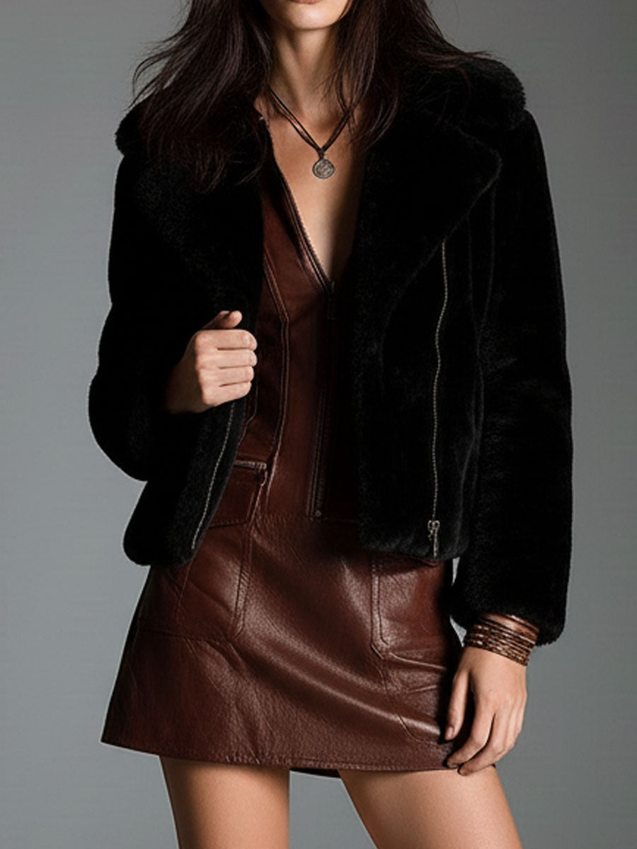 Classic Lapel Black Eco Fur Zipper Short Jacket With Soft Lining