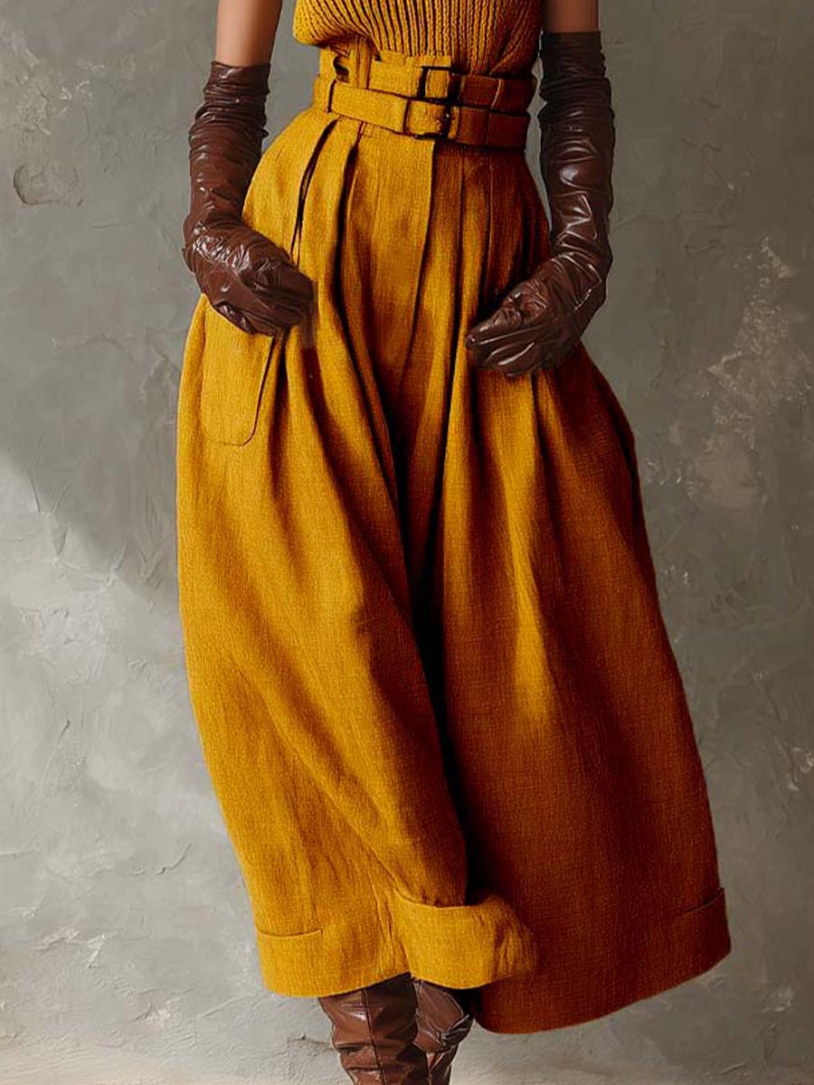 Sleeveless Turtleneck Knit Top & Wide-Leg Belted Pants Set