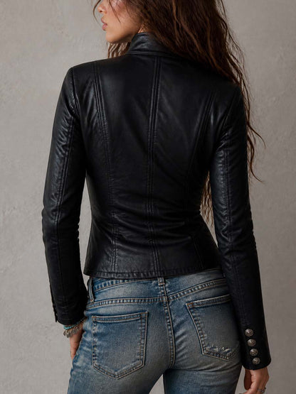 Retro Crisscross Stand Collar Double-Breasted Faux Leather Jacket