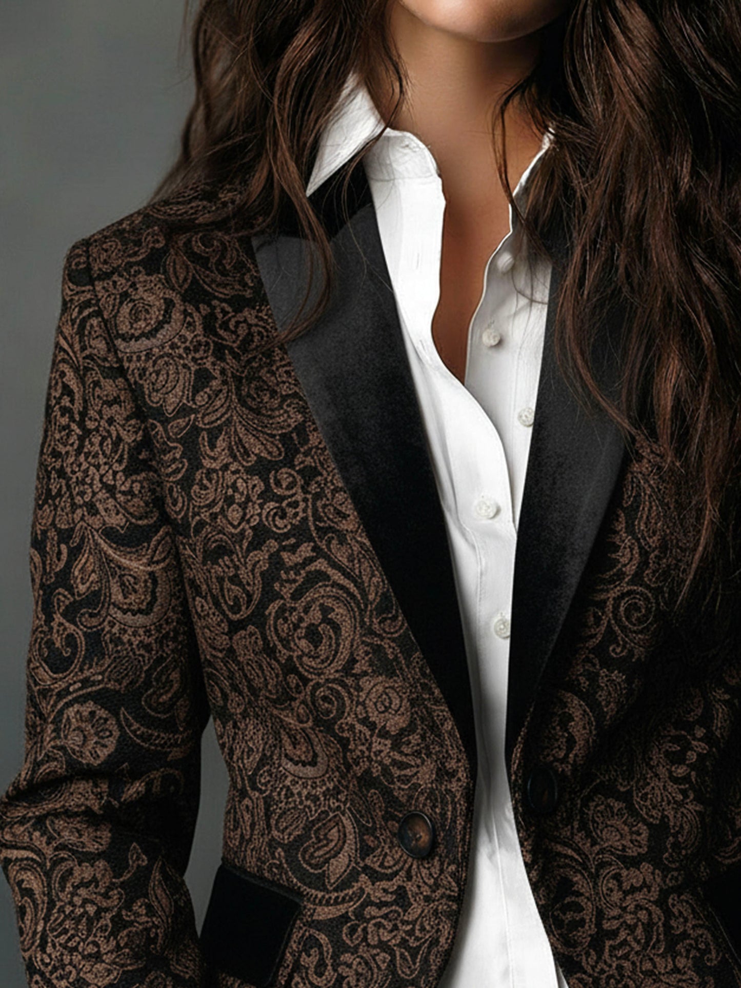 Vintage Paisley Jacquard Structured Blazer With Shawl Lapel