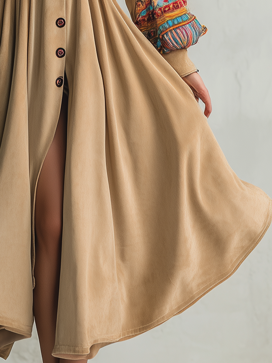 Retro Bohemian Colorful Cuff Velvet Midi Dress