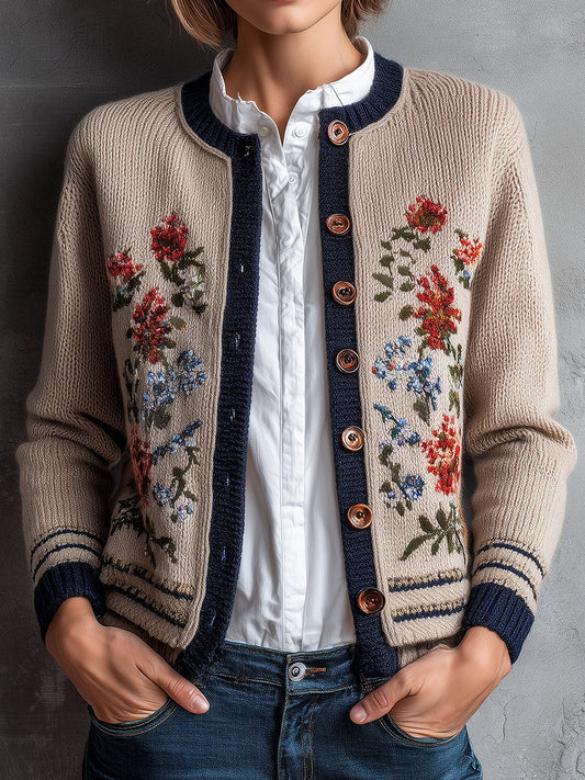 Retro Floral Embroidered Beige Knit Cardigan With Navy Trim