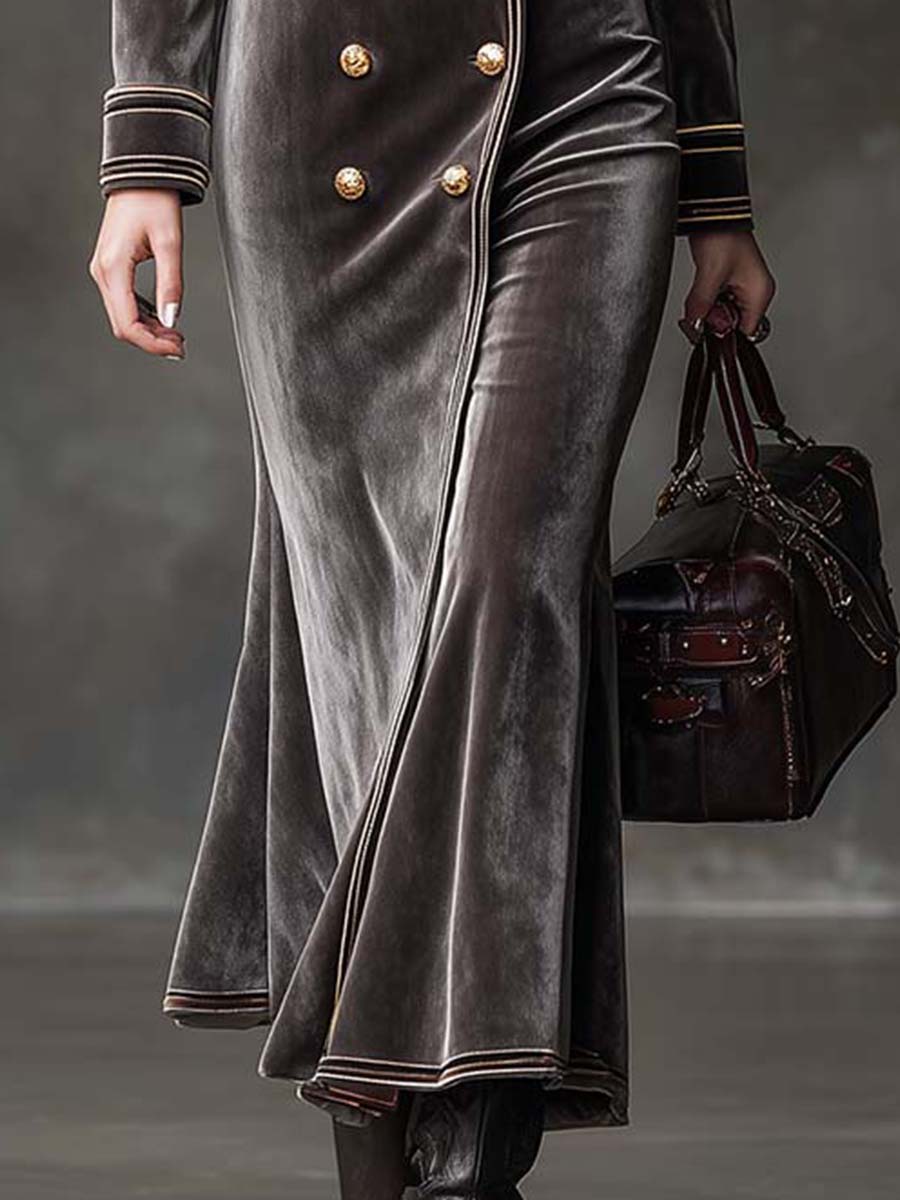 Velvet Double-Breasted Maxi Dress With Gold Trim