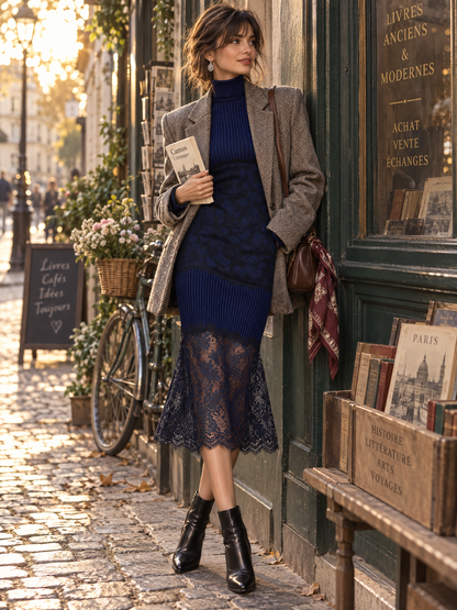 Navy Ribbed Knit Sheer Scalloped Lace Hem Turtleneck Midi Dress