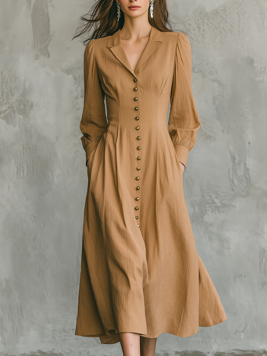 Retro Lapel Button Fitted Waist Midi Dress