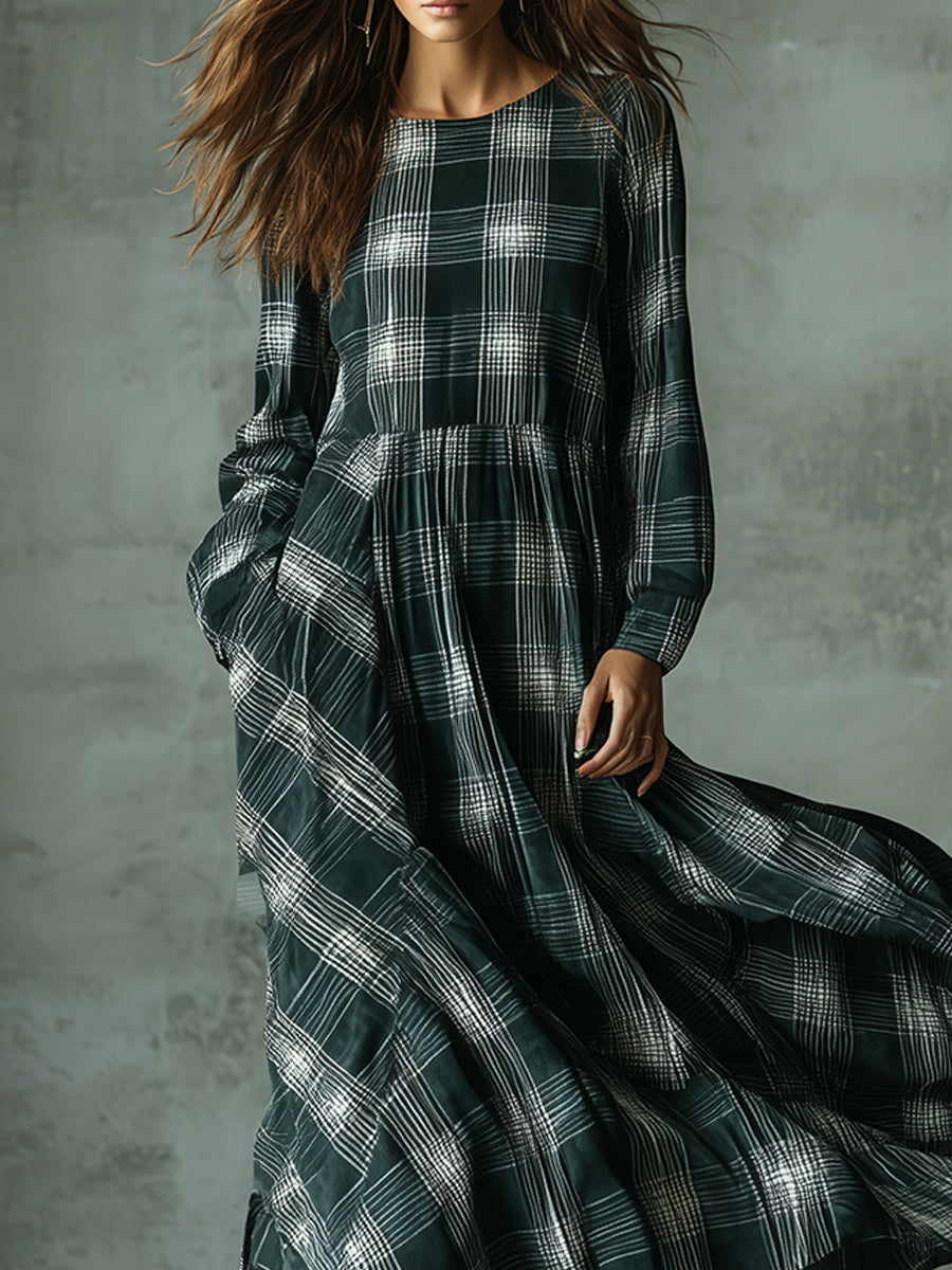 Retro Cotton-blend Plaid Printed Loose Maxi Dress