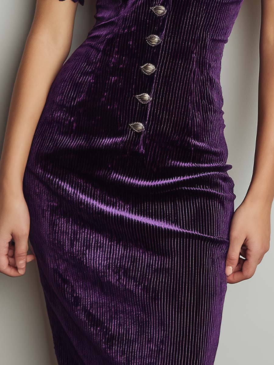 Retro Elegant Purple Striped Velvet Slim Midi Dress