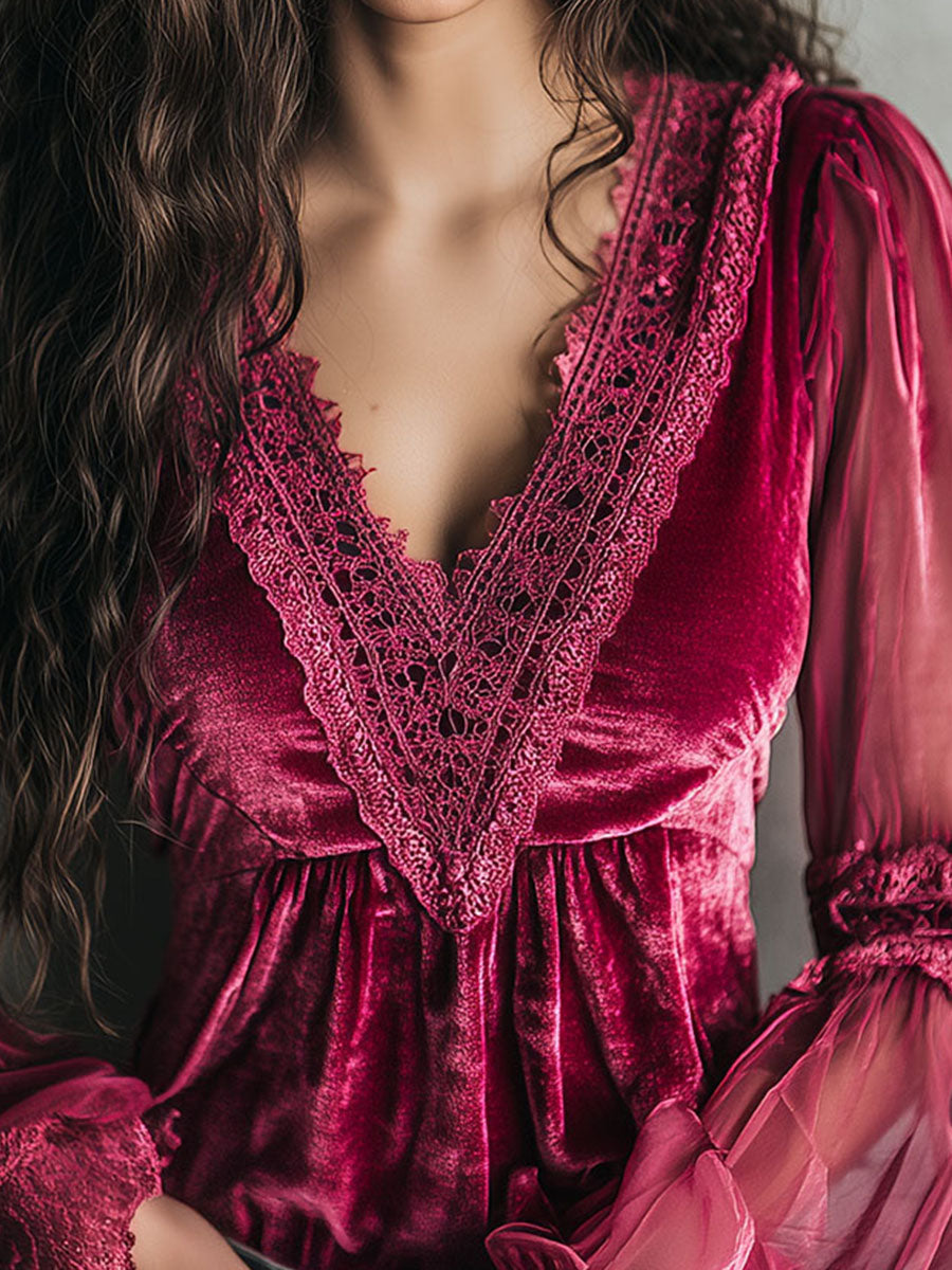 Romantic Hot Pink Velvet & Lace Sheer Puff Sleeve Blouse