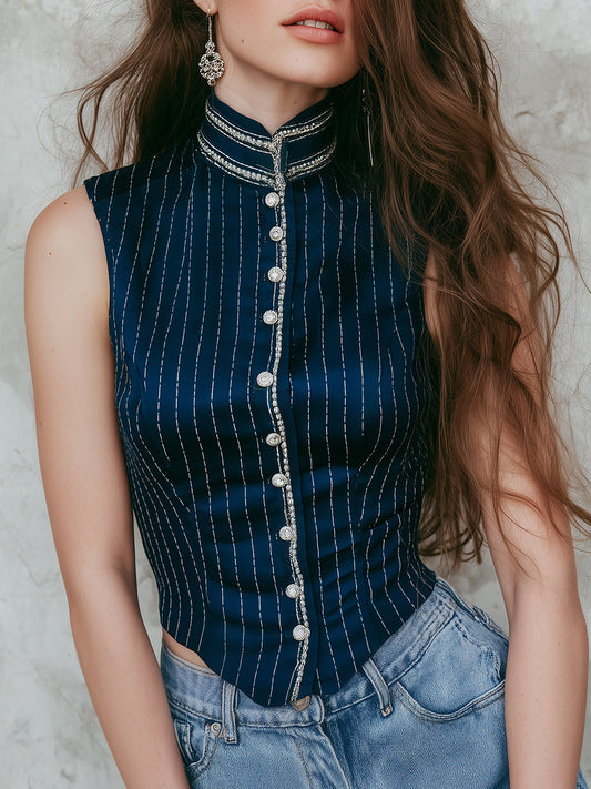 Vintage Striped Satin Stand Collar Silver Web Vest