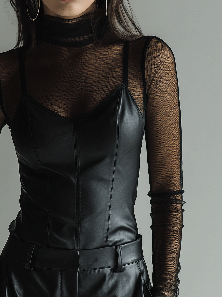 Fashion Black Sheer Mesh Layered Faux Leather Top