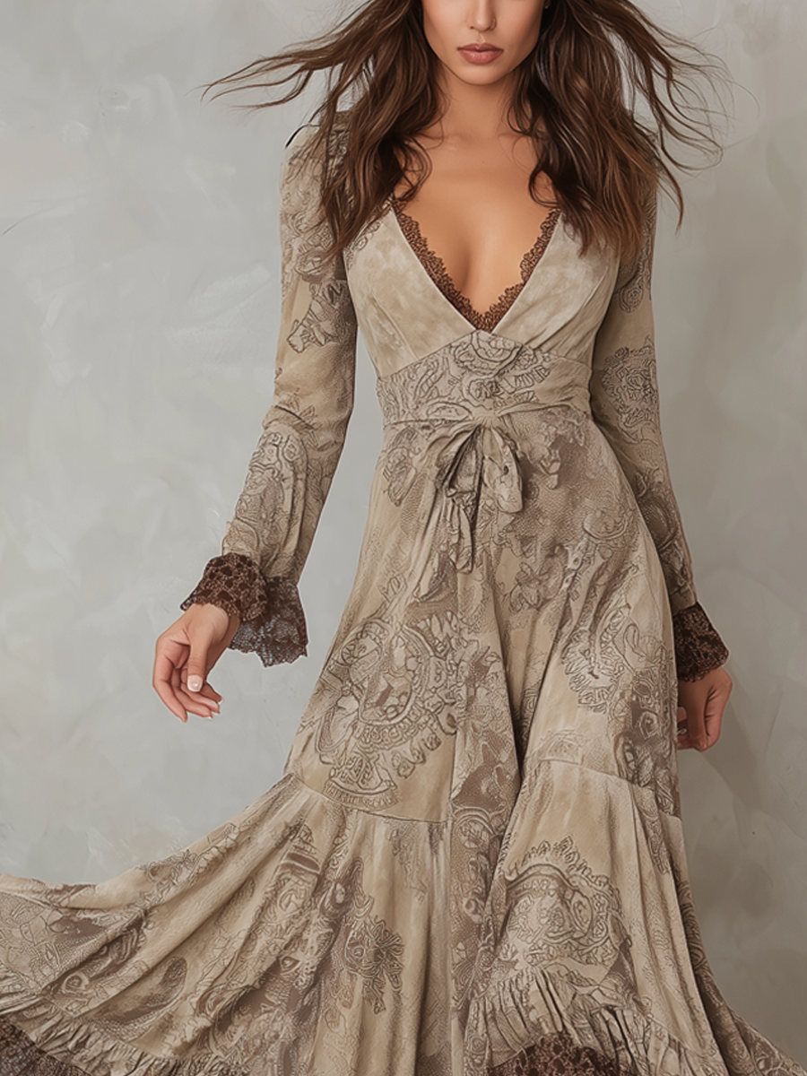 Vintage Paisley Lace Trim Polyester Suede Midi Dress