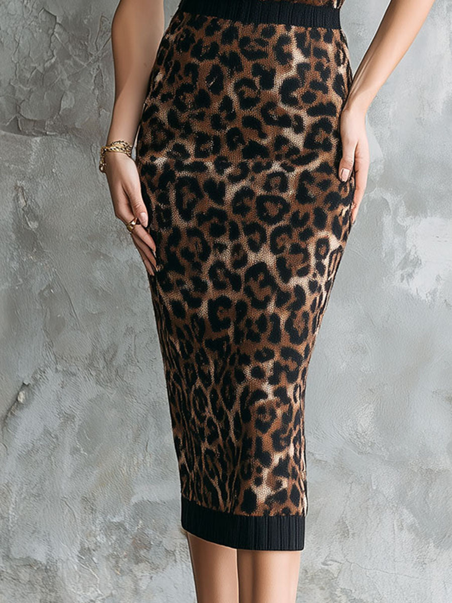 Leopard Print Knit Turtleneck Top And Matching Pencil Bodycon Skirt Set